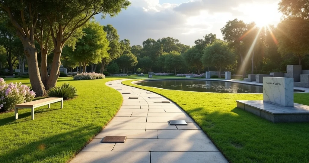 Alameda de jardim em cemitério parque com gramado e esculturas discretas