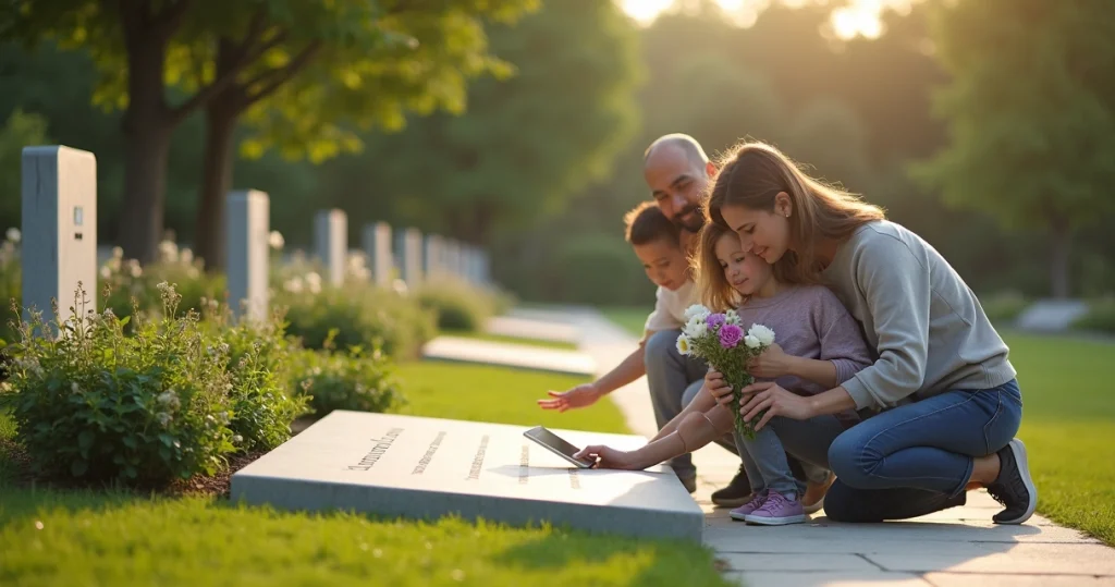 Família reunida em jardim memorial fazendo homenagem com QR Code em lápide discreta
