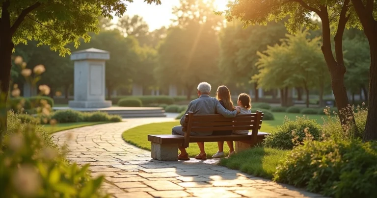 Família sentada em banco de jardim cercado por natureza em espaço de contemplação