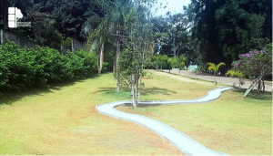 Família sentada em banco de jardim cercado por natureza em espaço de contemplação