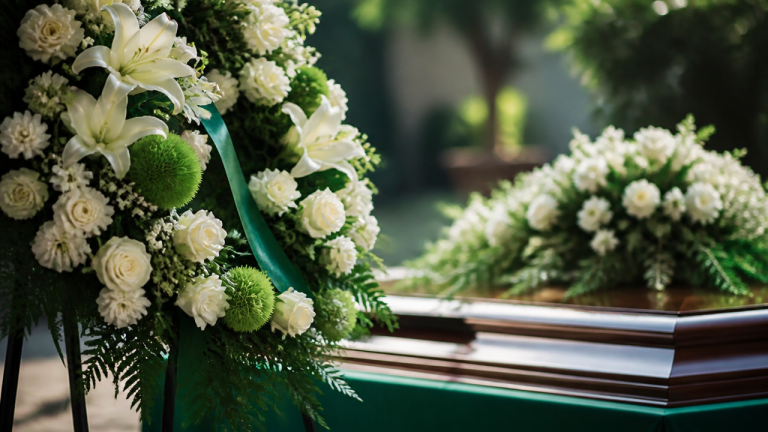 Coroa de flores elegante em memorial-jardim, cercada por natureza e luz suave