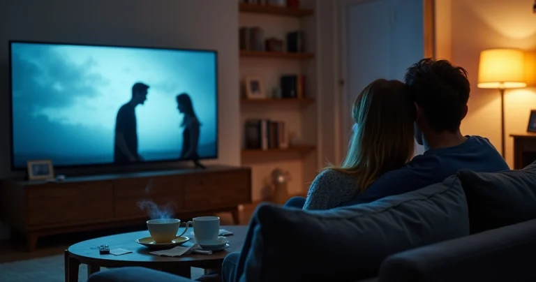 Sala de TV escura com casal assistindo a filme sobre luto