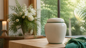 Urna funerária elegante em ambiente sereno de memorial, com flores e luz natural.